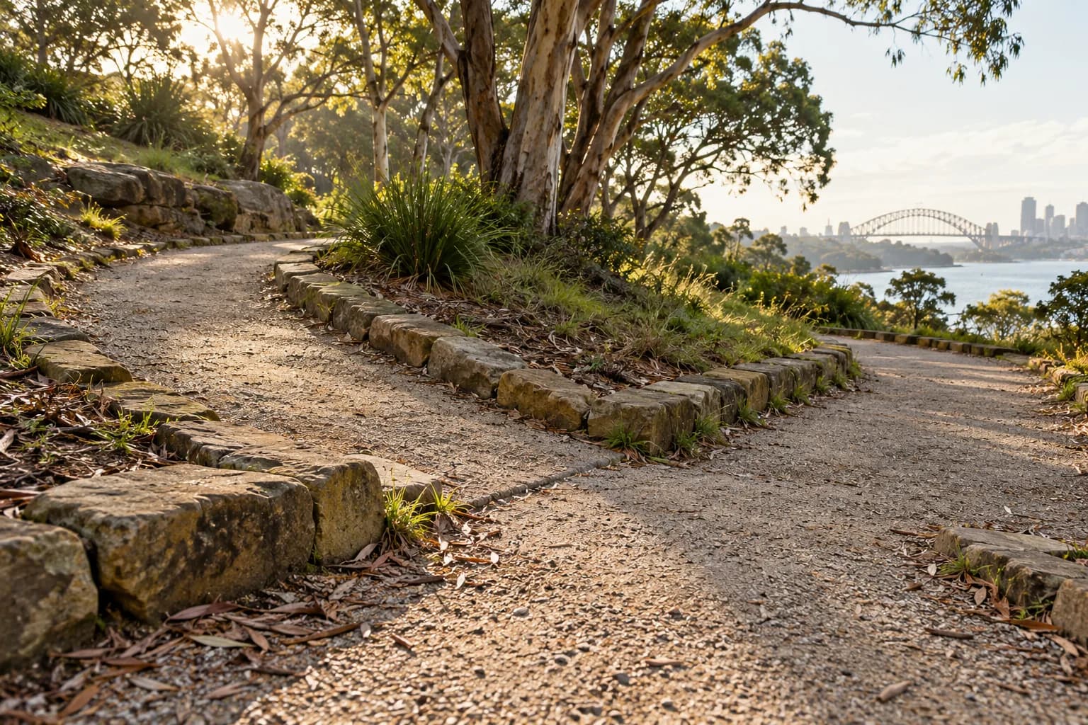 Sandstone-edged paths meet beneath native trees in a park overlooking Sydney Harbour.