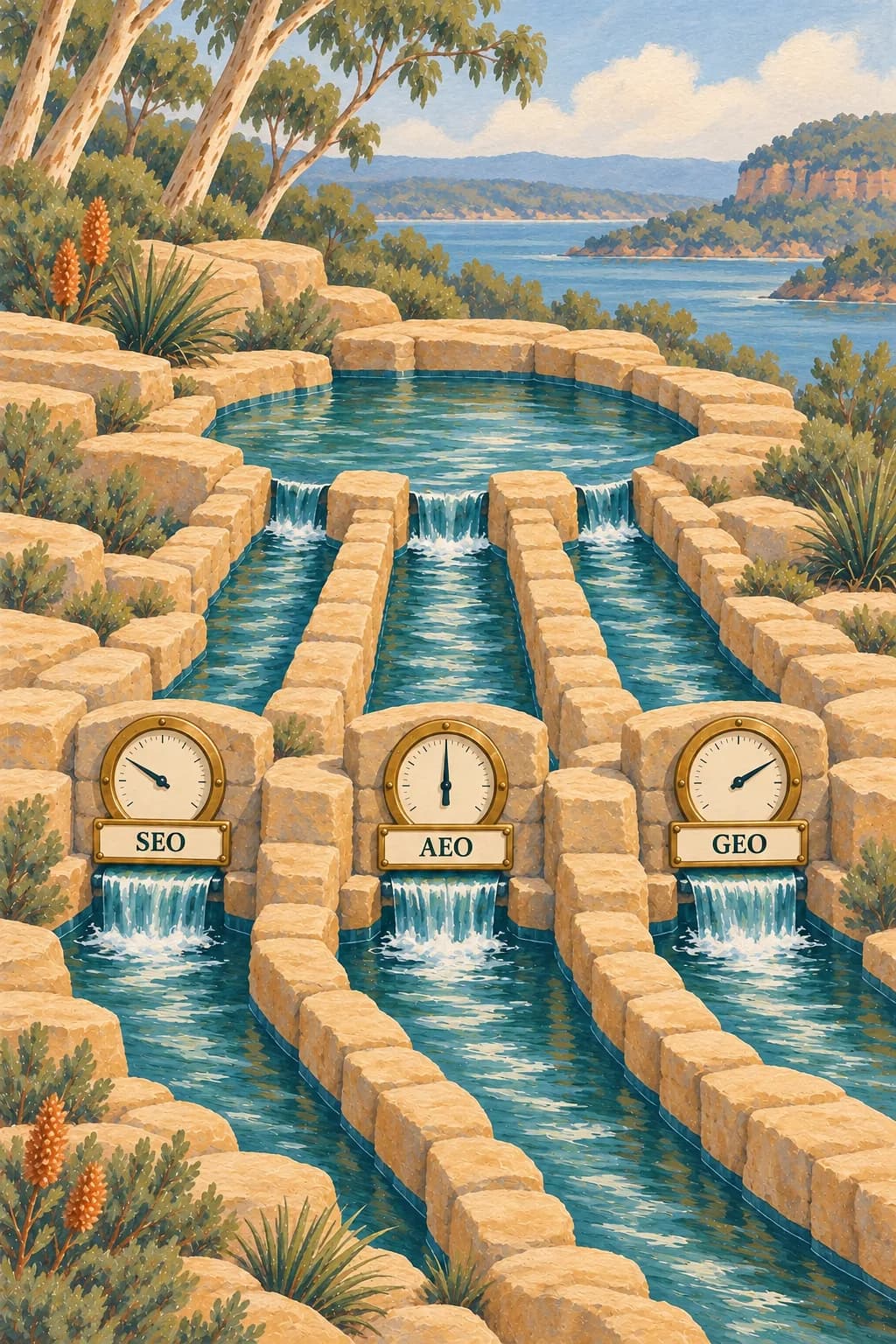 One sandstone spring feeds three separate channels and gauges, showing a shared source with independent SEO, AEO and GEO checks.