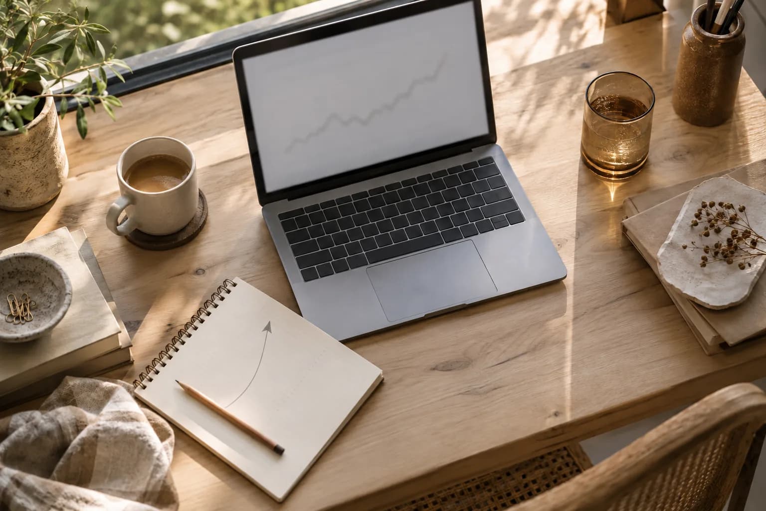 A laptop displays a blurred line chart beside a notebook with a hand-drawn arrow.