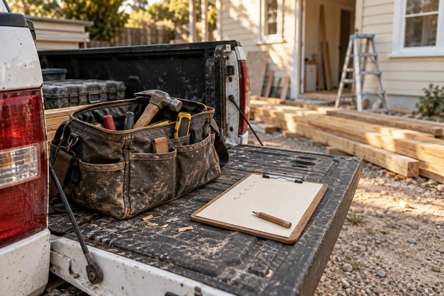 A tradie’s tool bag and ticked clipboard rest on a ute tailgate at a home renovation site.