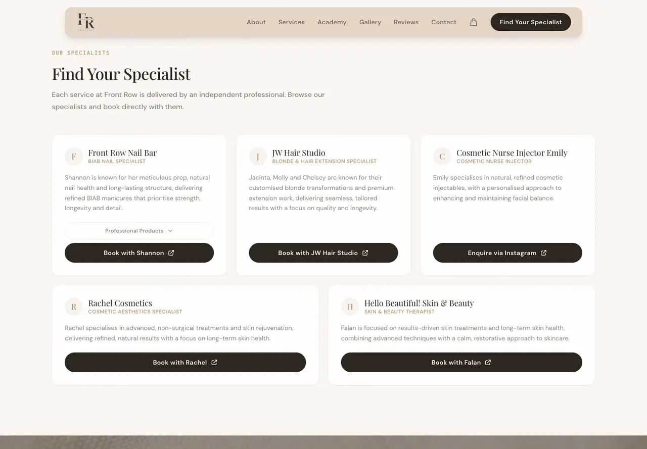 Front Row Beauty Bar specialist profiles with individual booking links