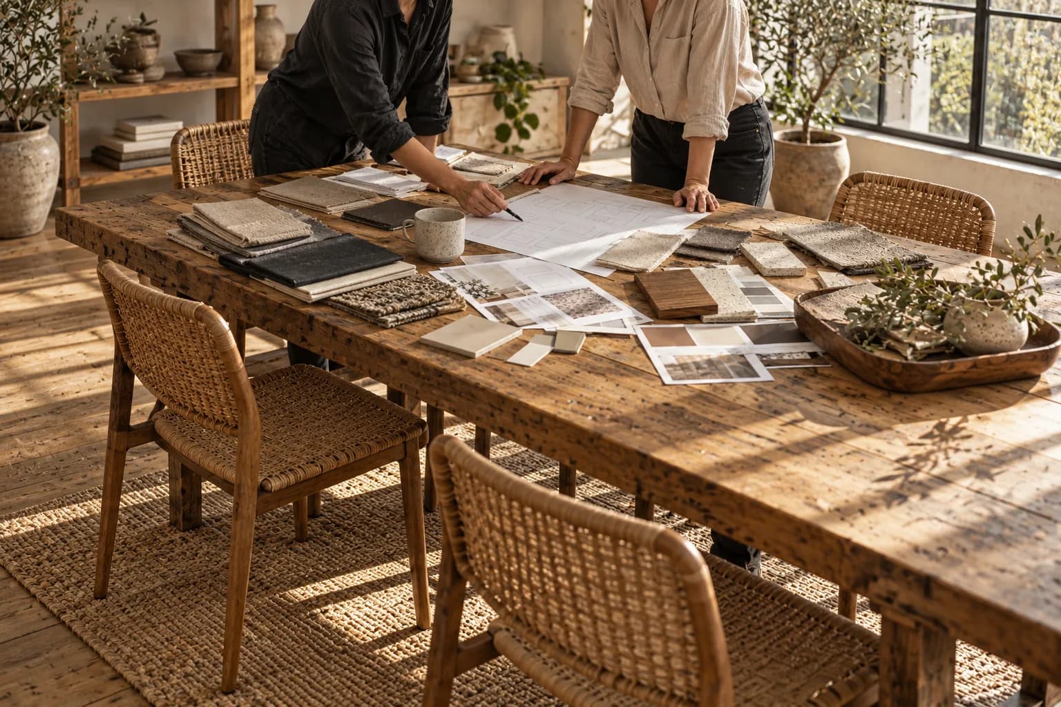 Two designers review paper wireframes and material swatches around a large studio table.