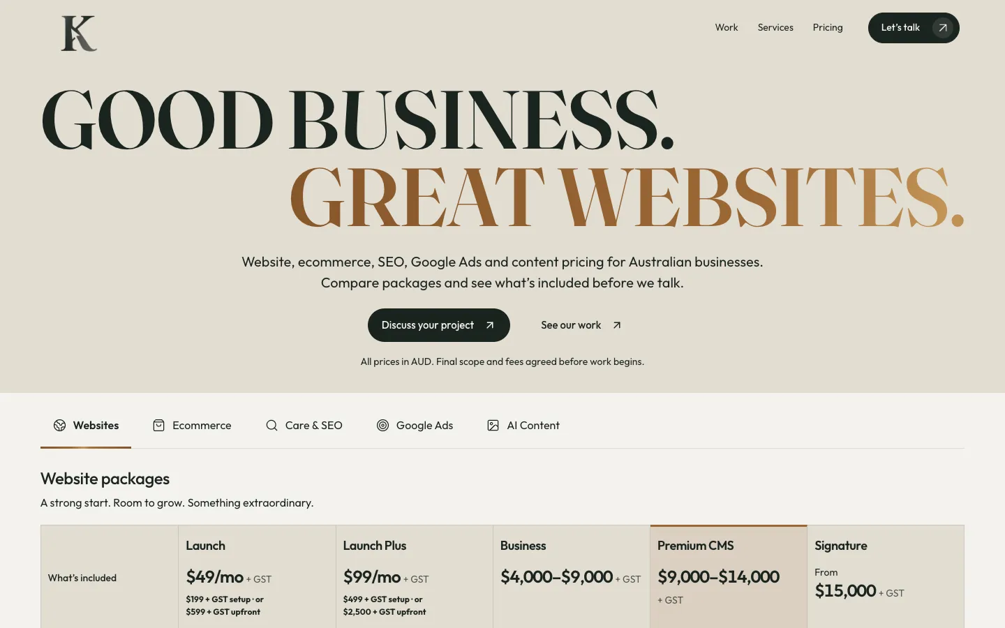 Kavera's pricing page showing the Launch, Launch Plus, Business, Premium CMS and Signature starting prices