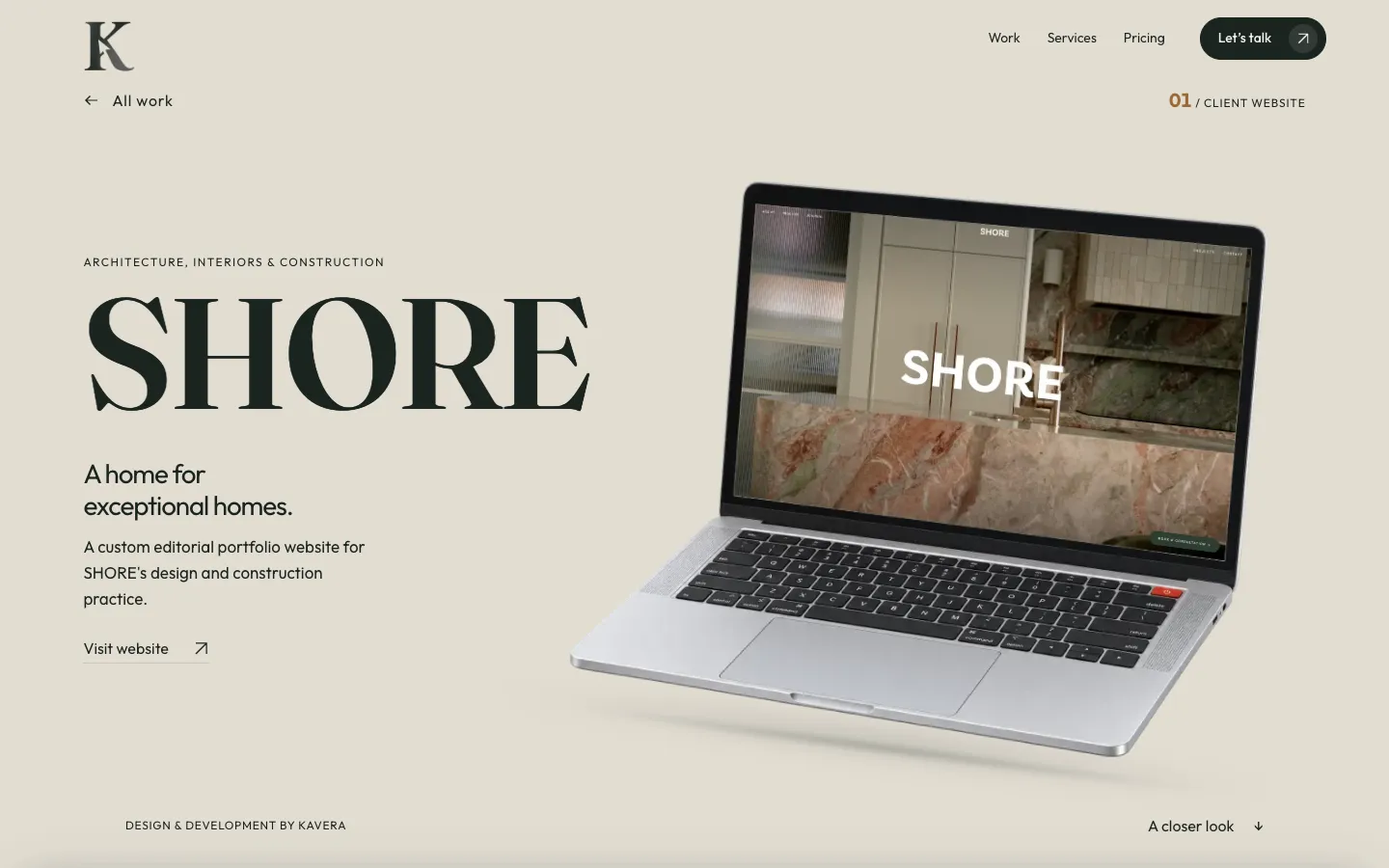 Kavera's SHORE case study showing the editorial portfolio website on a laptop