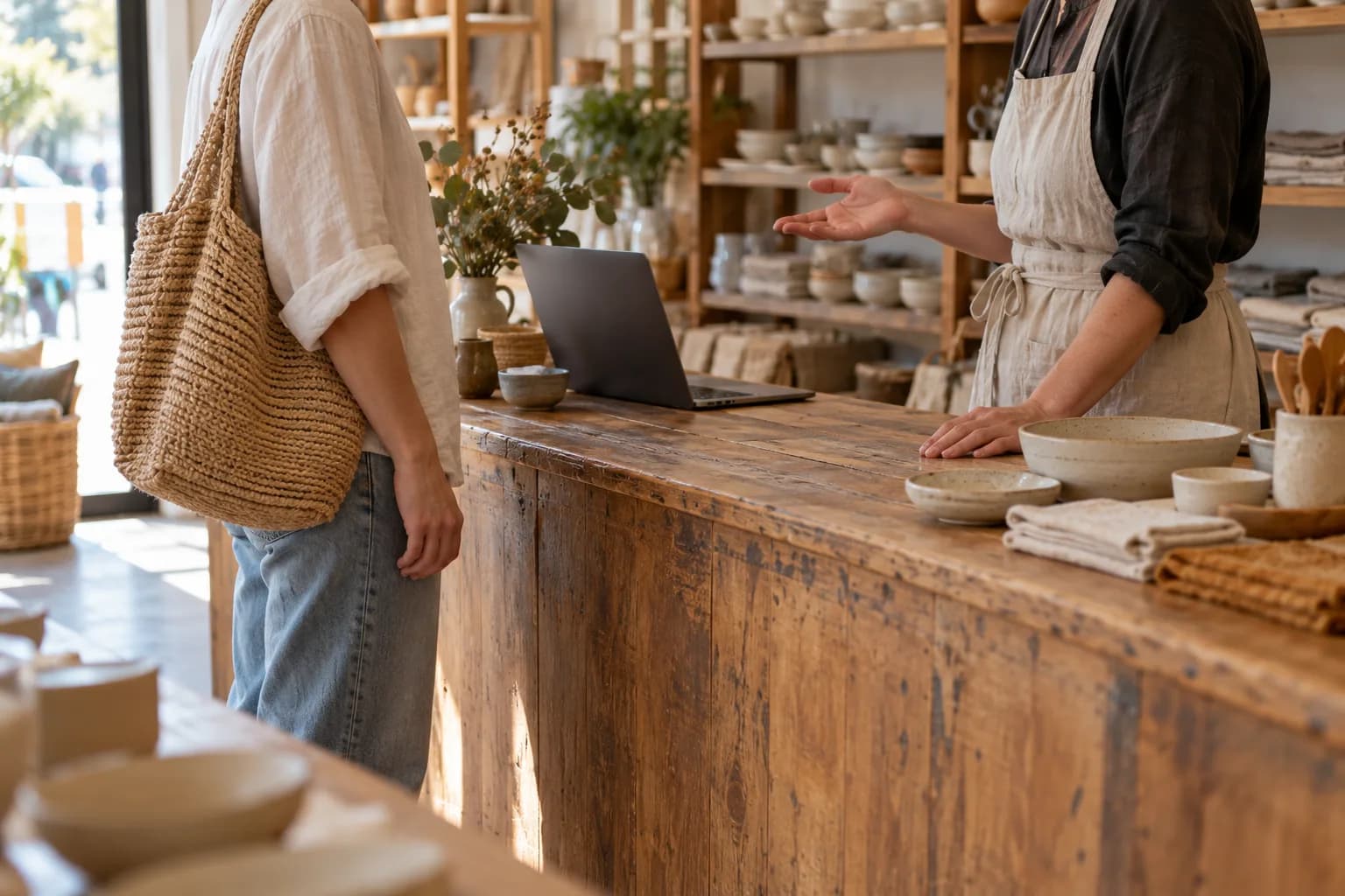 A shop owner talks with a customer across a timber counter surrounded by homewares.