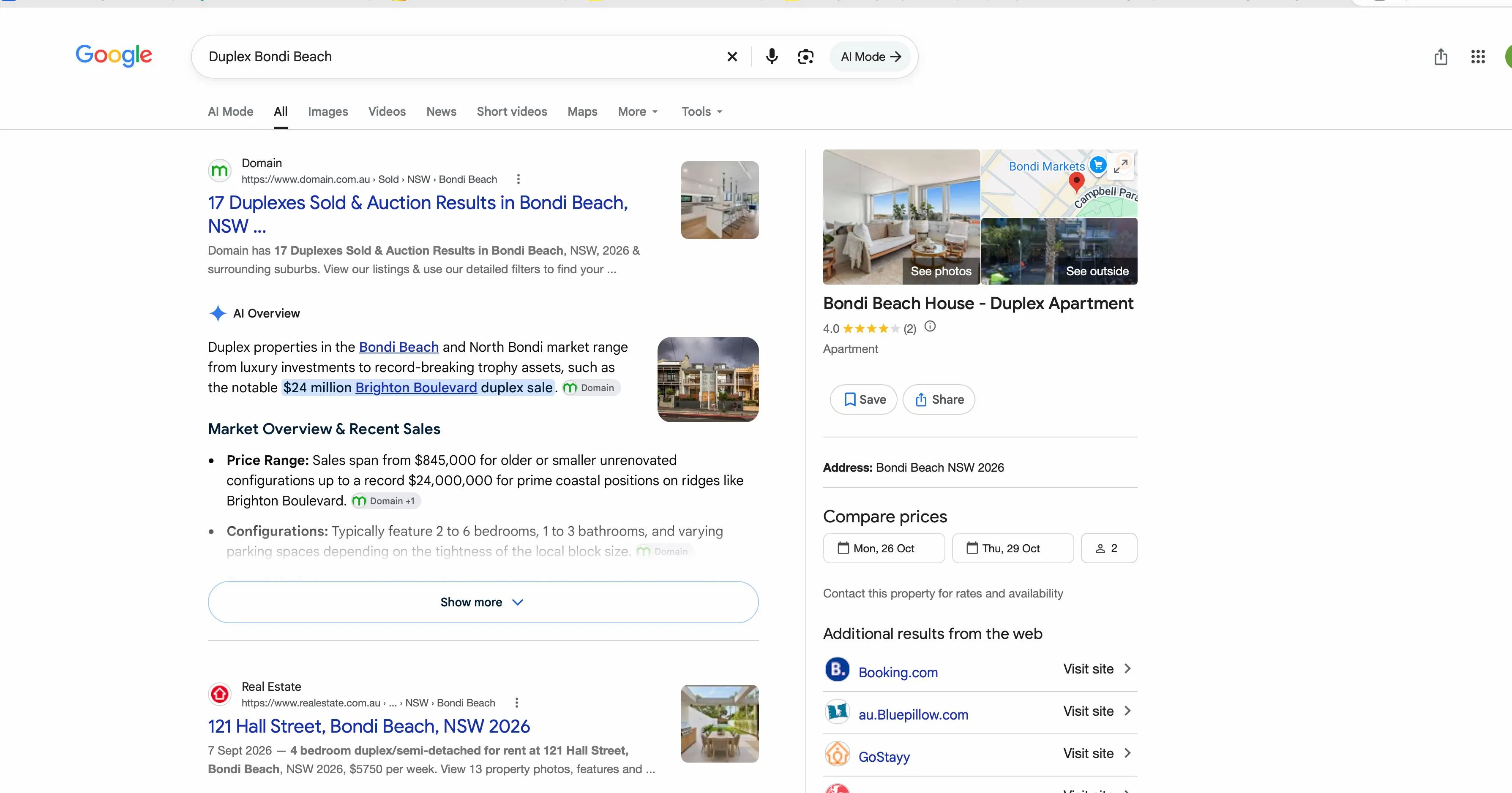 Google result for Duplex Bondi Beach showing a property-market AI Overview with no SHORE mention in the captured excerpt