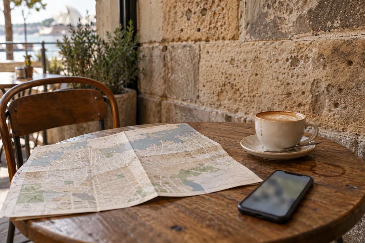An unfolded street map rests beside a phone and coffee at a sandstone-walled café.