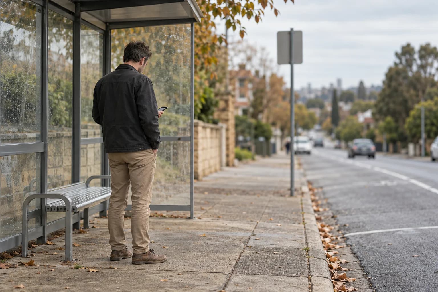 A person checks their phone beside a bus shelter on a quiet suburban street.