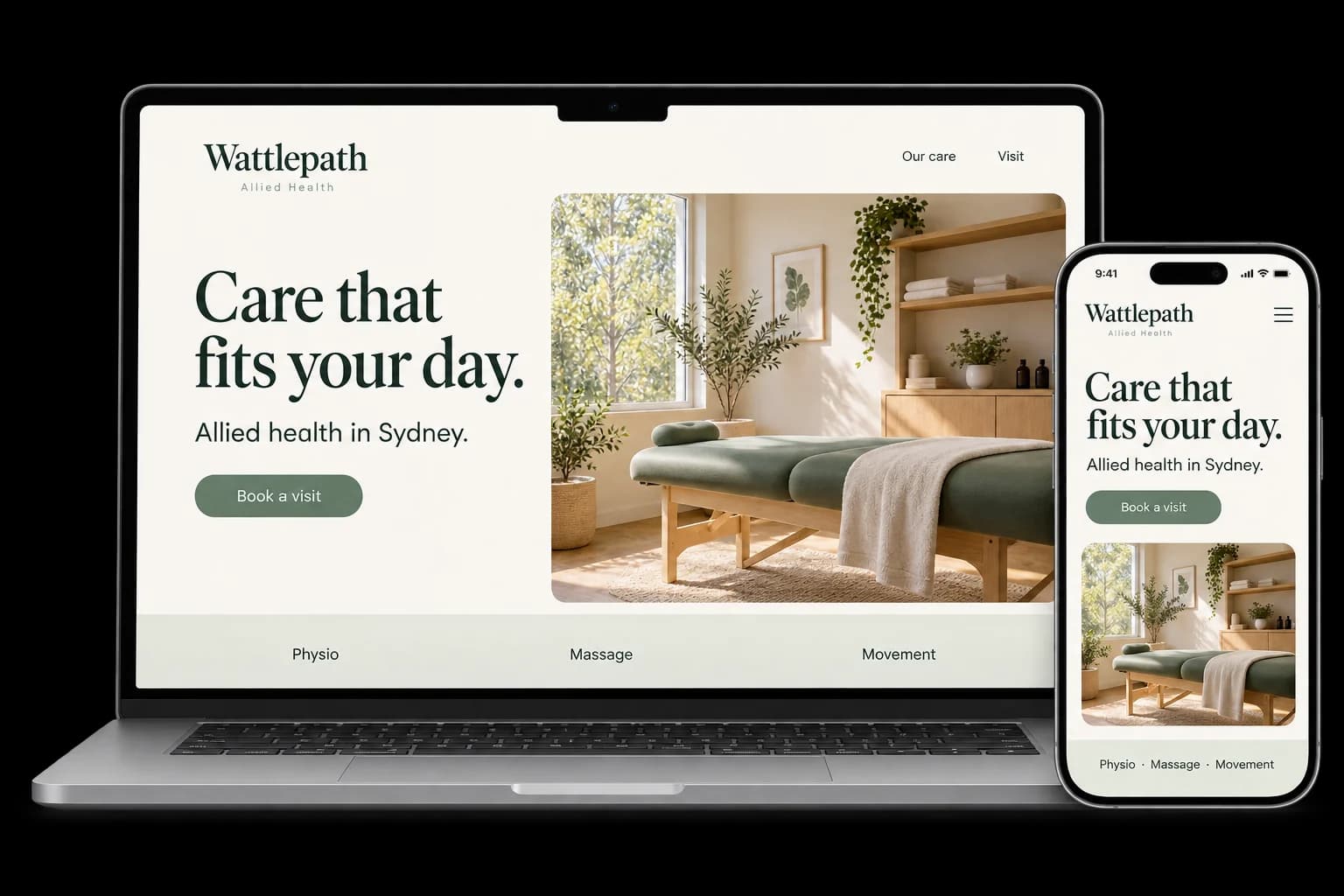 Allied health clinic website shown on a laptop and phone, with a red Book an appointment button and physio, massage and chiro services