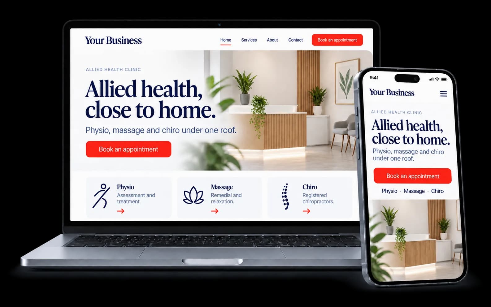 Allied health clinic website shown on a laptop and phone, with a red Book an appointment button and physio, massage and chiro services