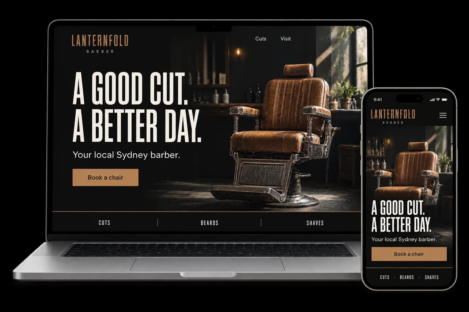 Barber website shown on a laptop and phone, with a Book a chair button and available appointment times