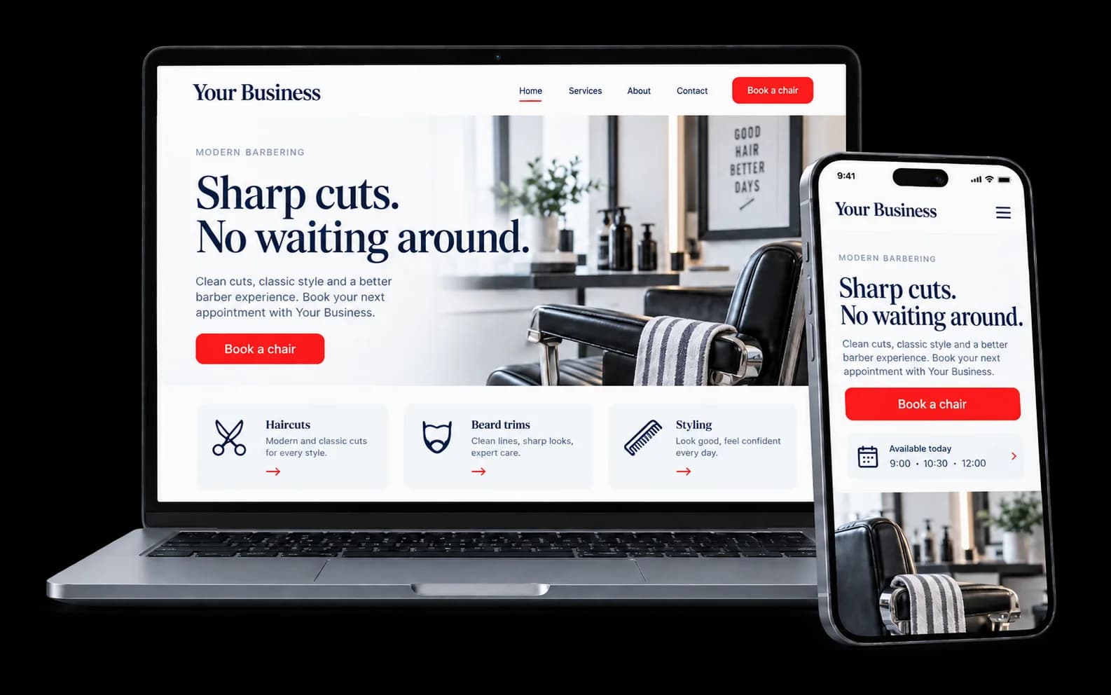 Barber website shown on a laptop and phone, with a Book a chair button and available appointment times