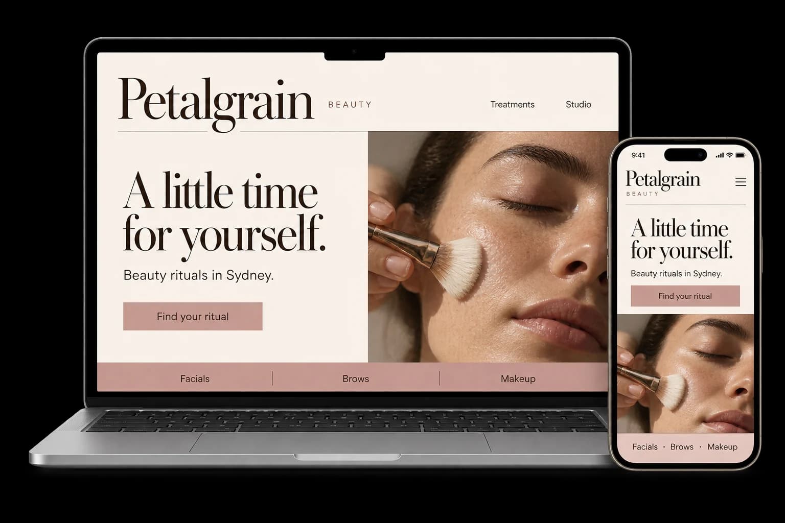 Beauty salon website shown on a laptop and phone, with a Book a treatment button and facials, waxing and brow services