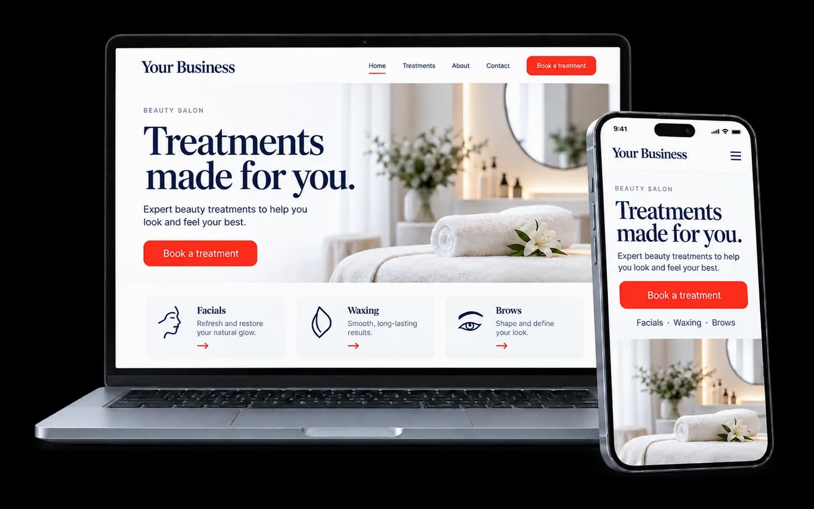 Beauty salon website shown on a laptop and phone, with a Book a treatment button and facials, waxing and brow services