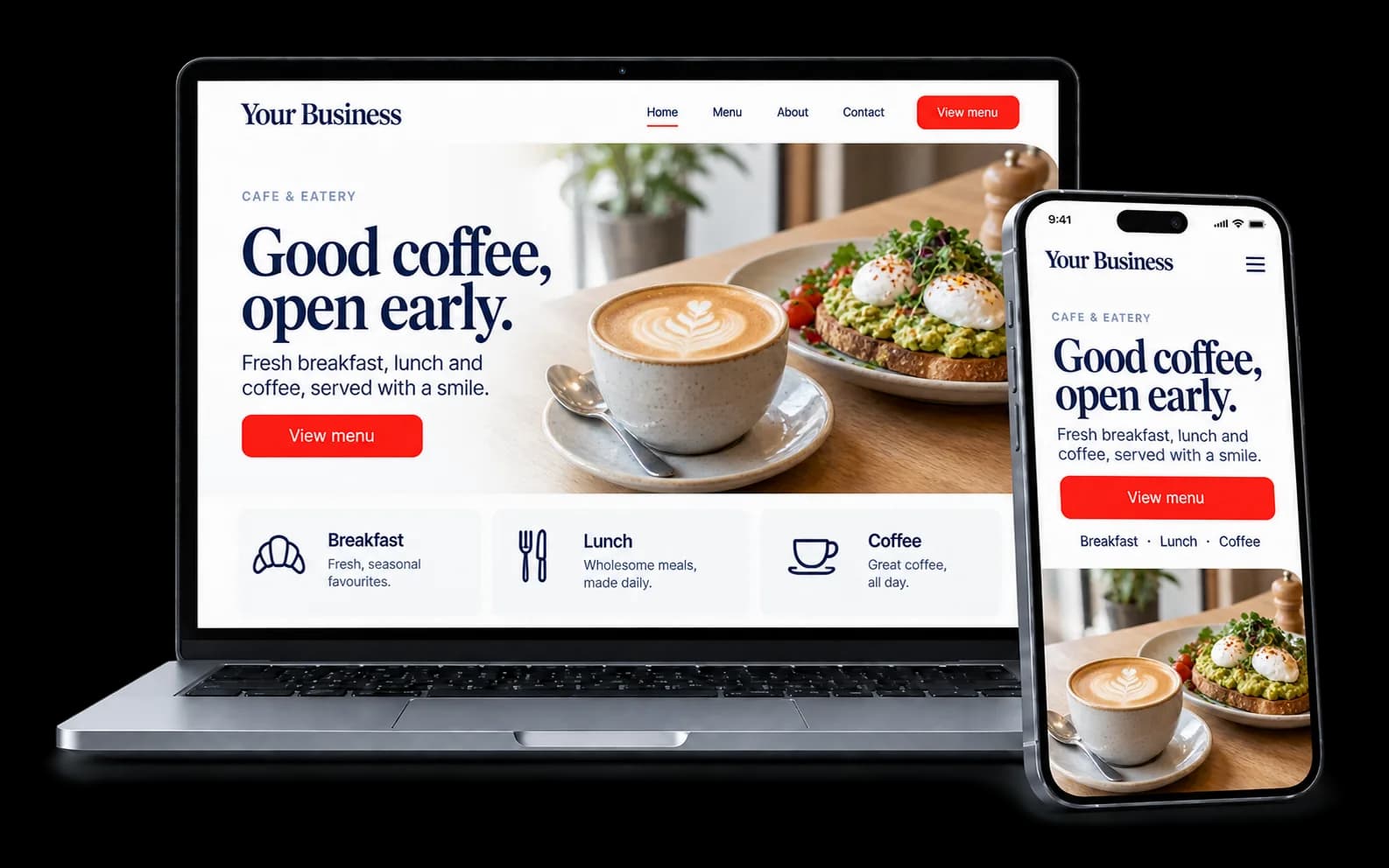 Cafe website shown on a laptop and phone, with a red View menu button and breakfast, lunch and coffee sections