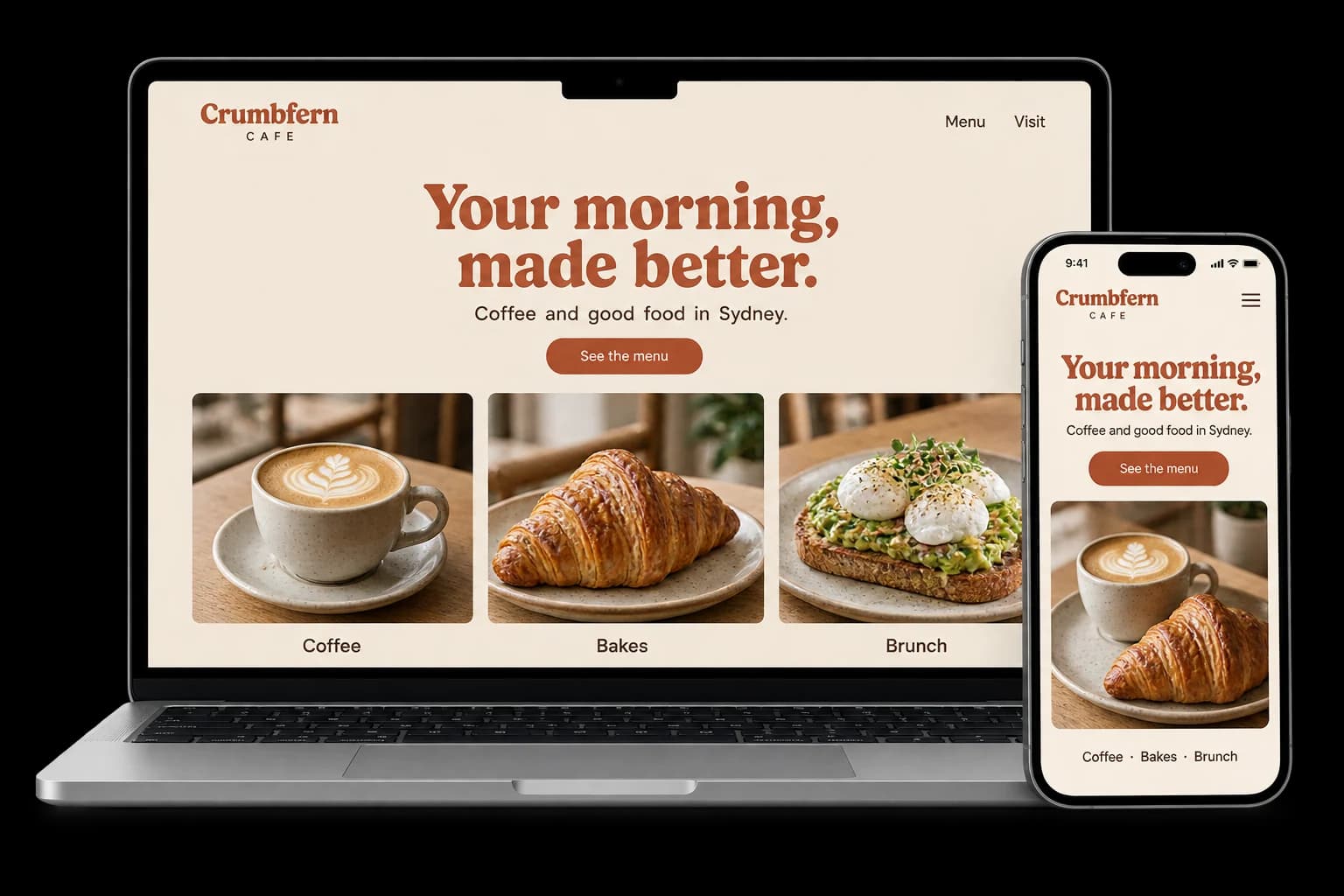 Cafe website shown on a laptop and phone, with a red View menu button and breakfast, lunch and coffee sections