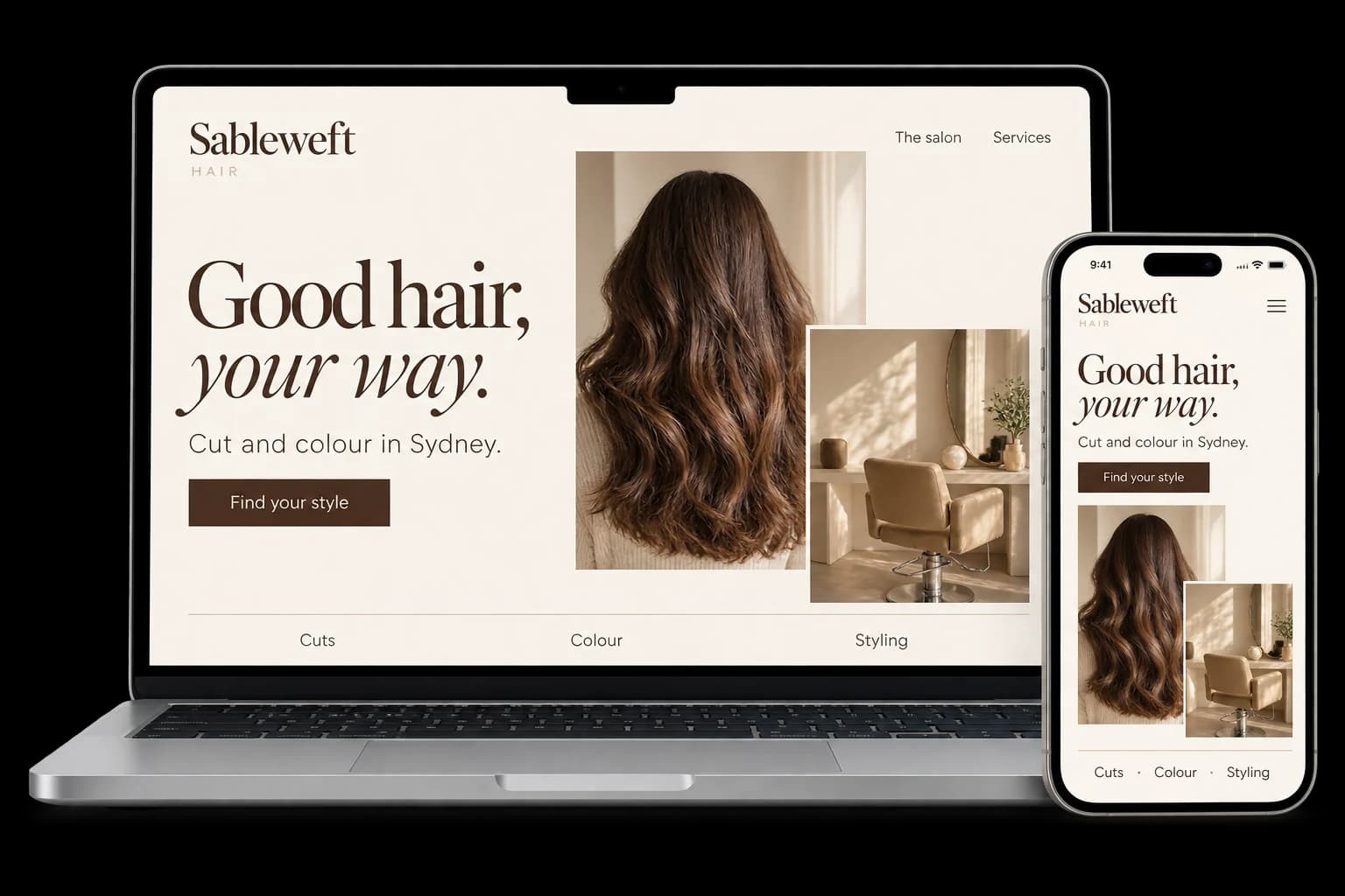 Hair salon website shown on a laptop and phone, with a Book online button and cuts, colour and styling services