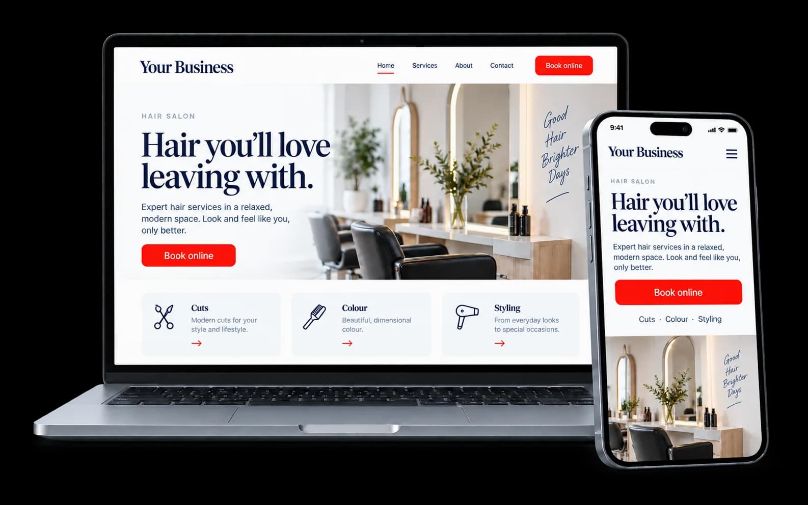 Hair salon website shown on a laptop and phone, with a Book online button and cuts, colour and styling services