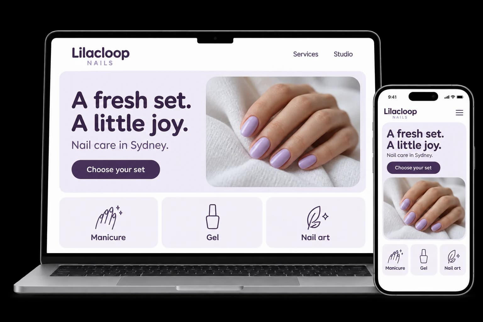 Nail salon website shown on a laptop and phone, with a Book now button and gel, acrylic and nail art services