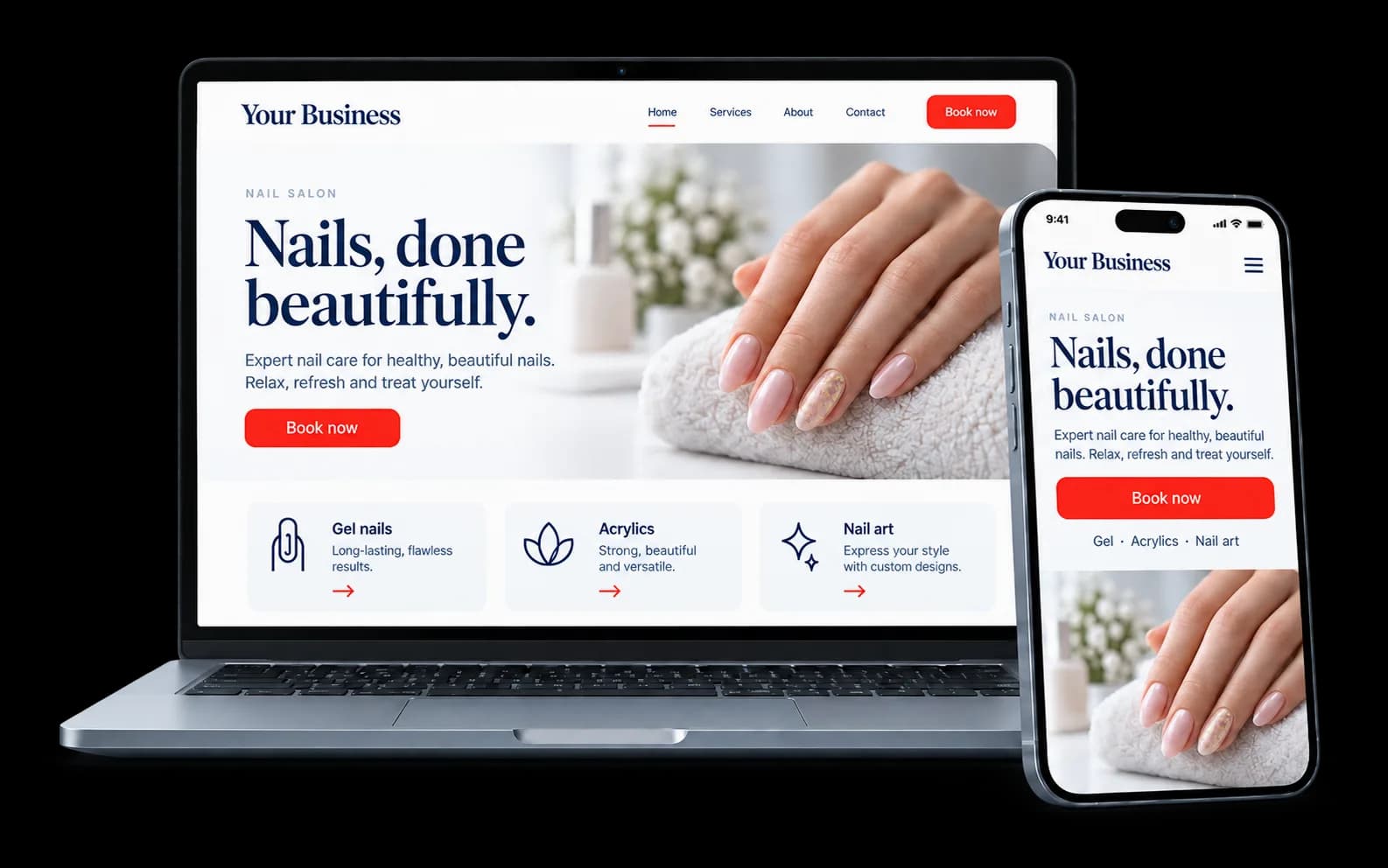 Nail salon website shown on a laptop and phone, with a Book now button and gel, acrylic and nail art services