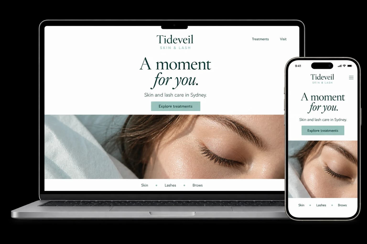 Skin and lash clinic website shown on a laptop and phone, with a Book a consult button and lash lift, skin treatment and peel services