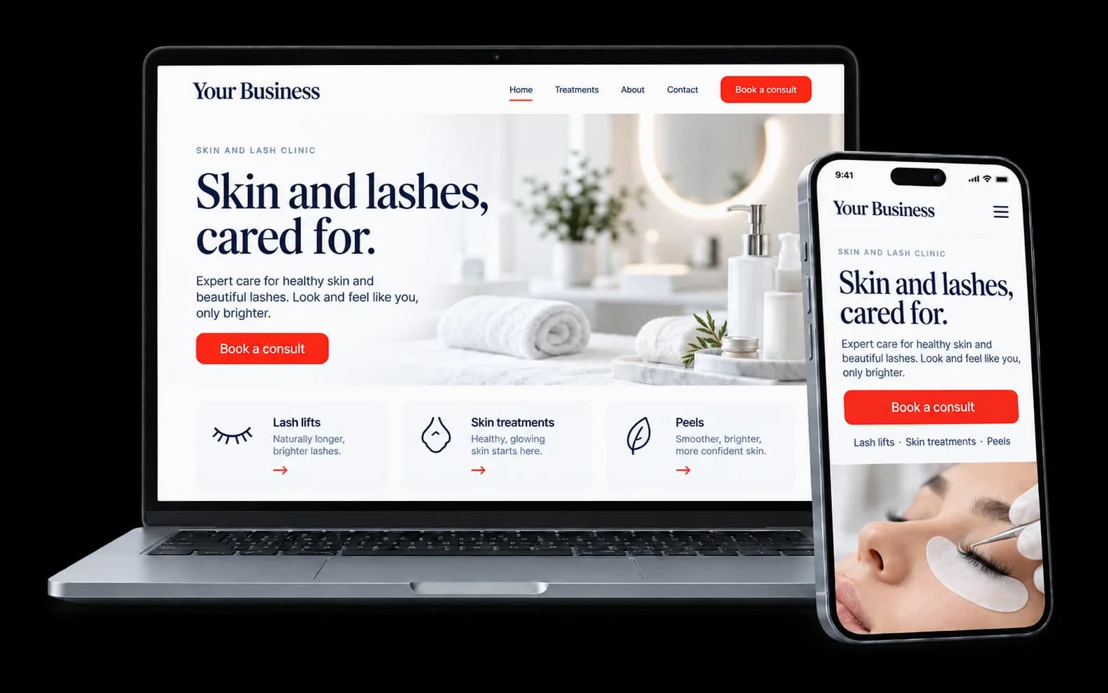 Skin and lash clinic website shown on a laptop and phone, with a Book a consult button and lash lift, skin treatment and peel services
