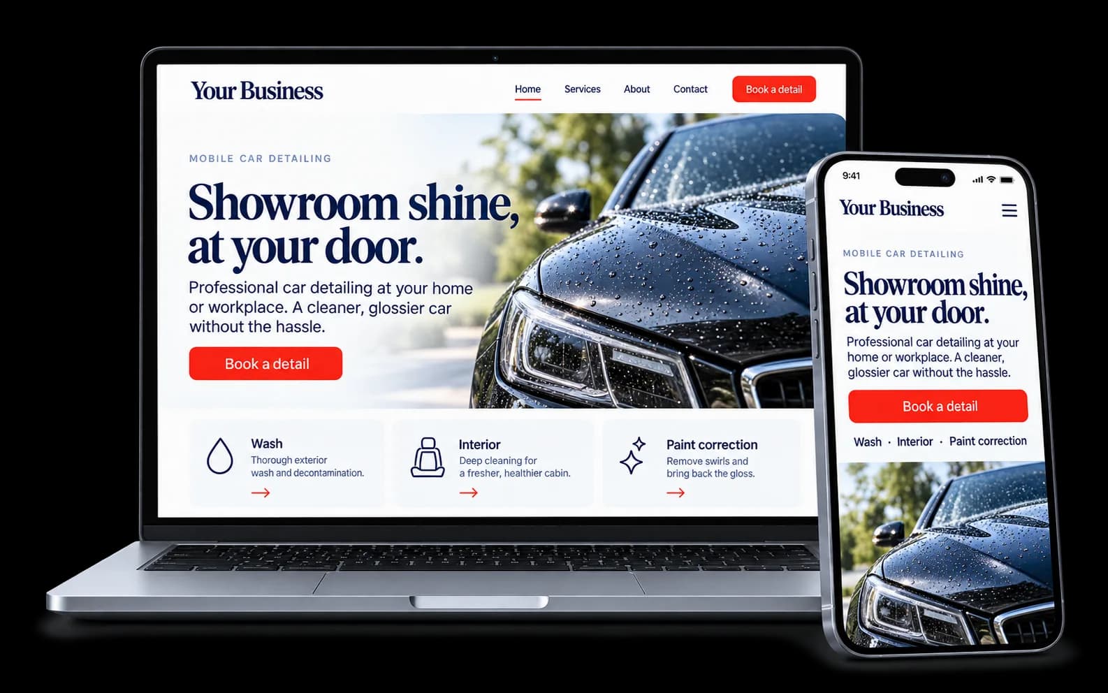 Car detailing website shown on a laptop and phone, with a red Book a detail button and wash, interior and paint correction services