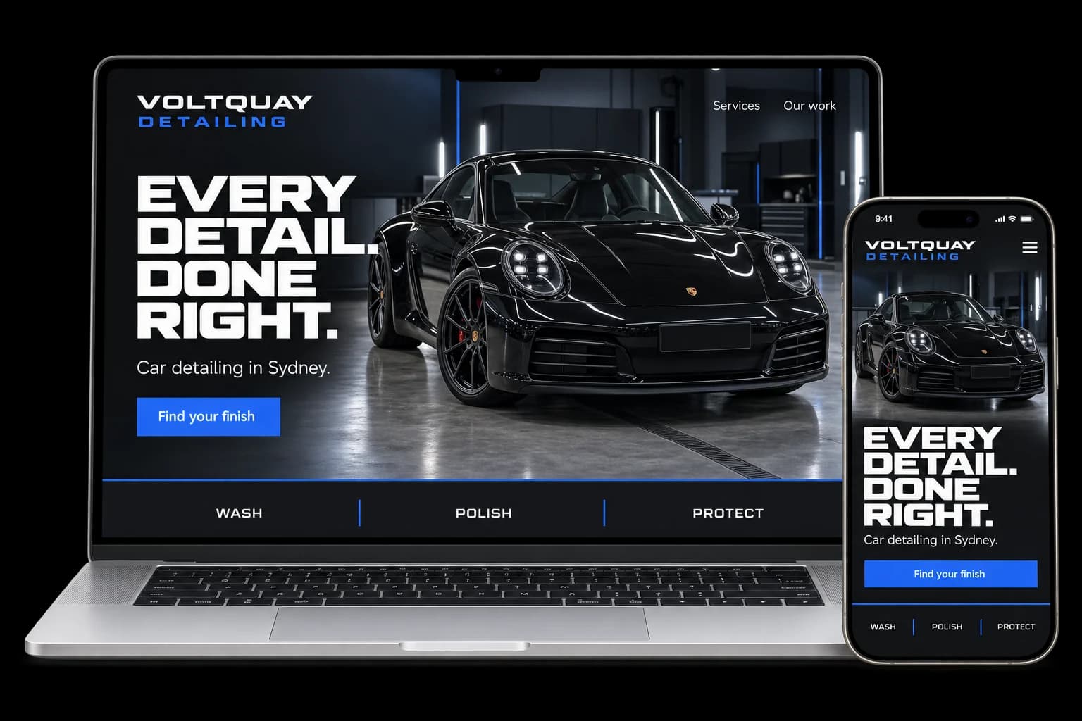 Car detailing website shown on a laptop and phone, with a red Book a detail button and wash, interior and paint correction services