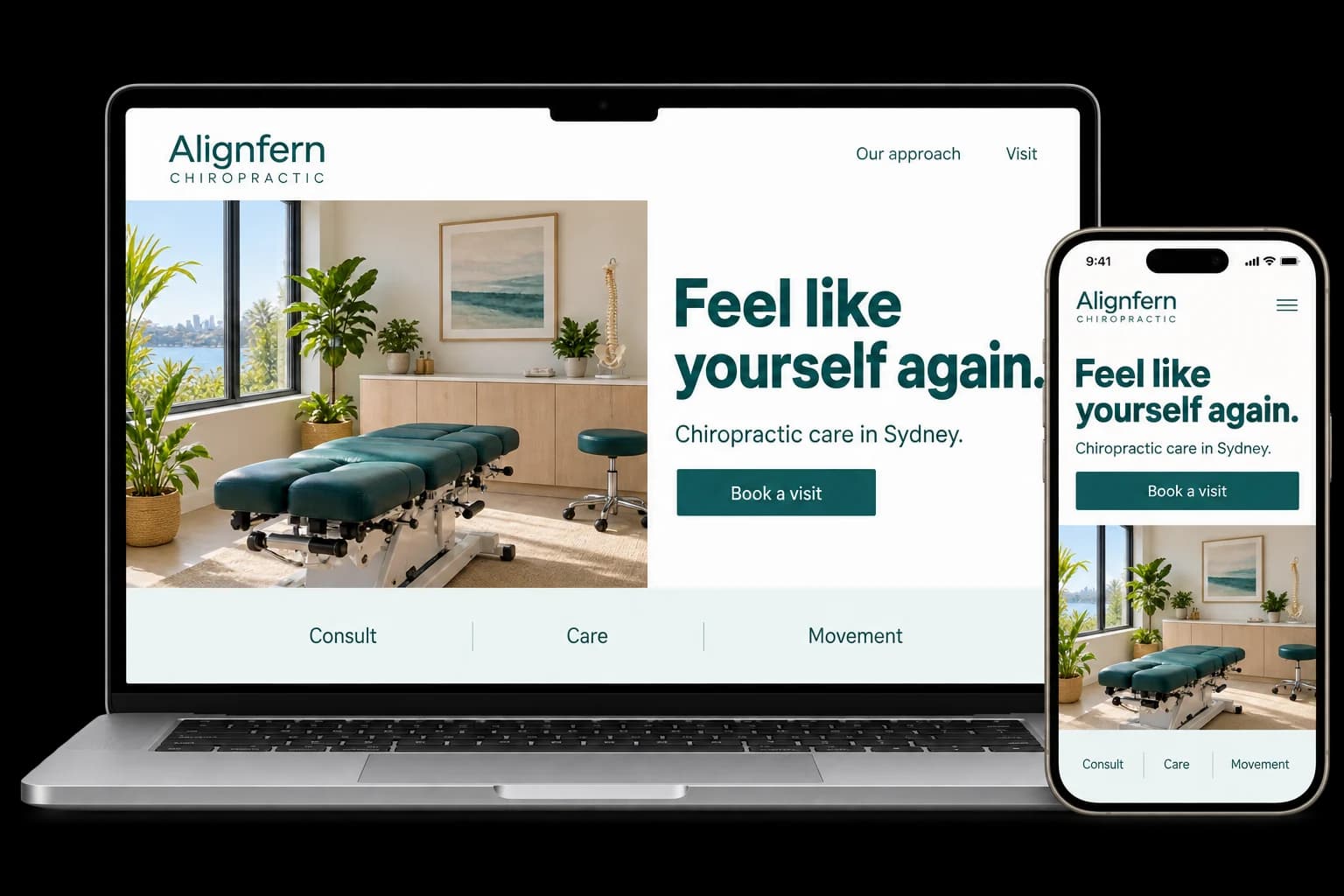 Chiropractic clinic website shown on a laptop and phone, with a red Book an appointment button and back, neck and posture services