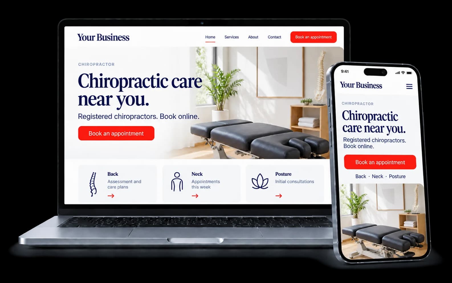 Chiropractic clinic website shown on a laptop and phone, with a red Book an appointment button and back, neck and posture services