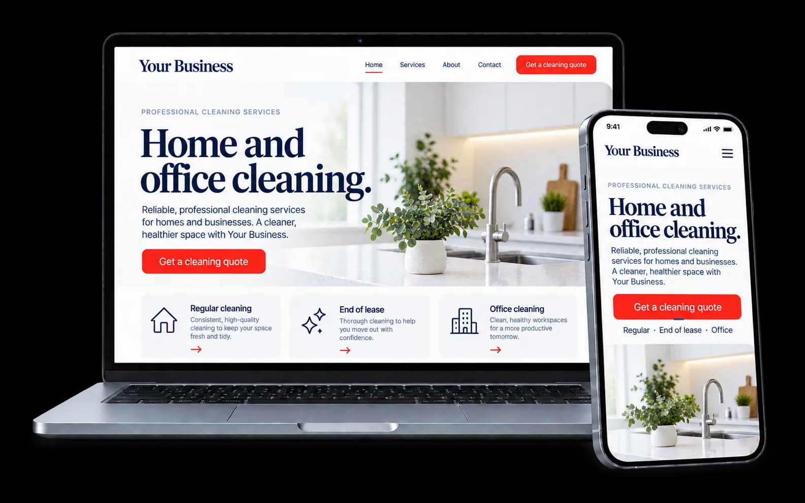 Cleaning business website shown on a laptop and phone, with a red Get a cleaning quote button and regular, end of lease and office cleaning