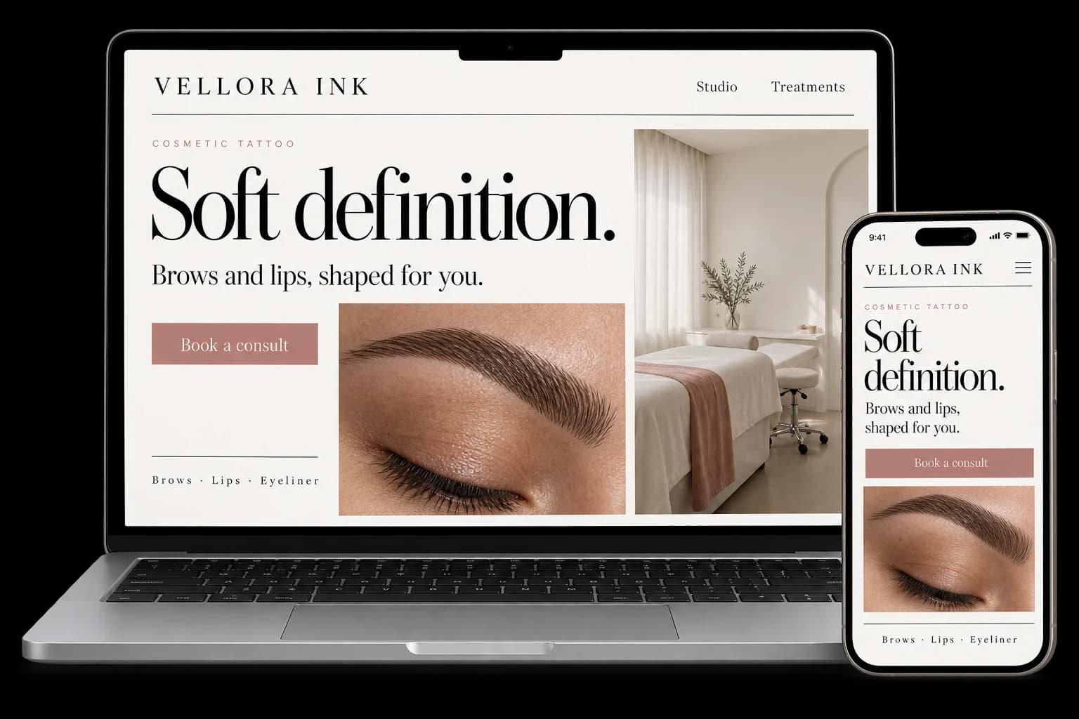 Cosmetic tattoo studio website shown on a laptop and phone, with a red Book a consultation button and brows, lips and eyeliner treatments