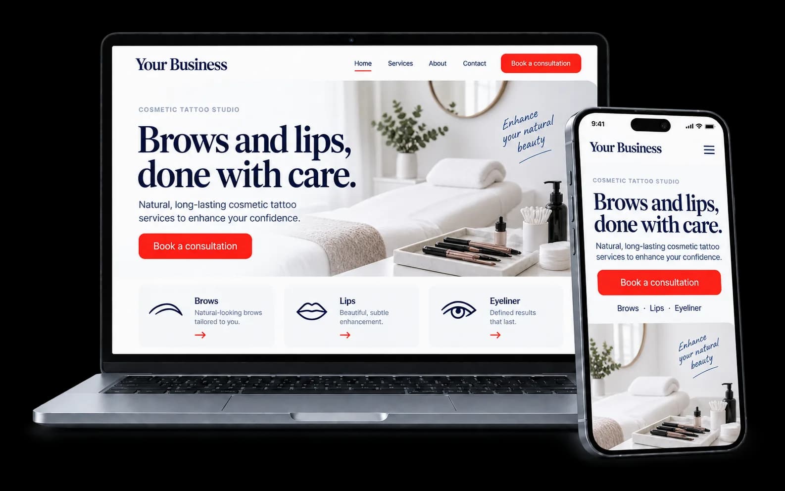 Cosmetic tattoo studio website shown on a laptop and phone, with a red Book a consultation button and brows, lips and eyeliner treatments