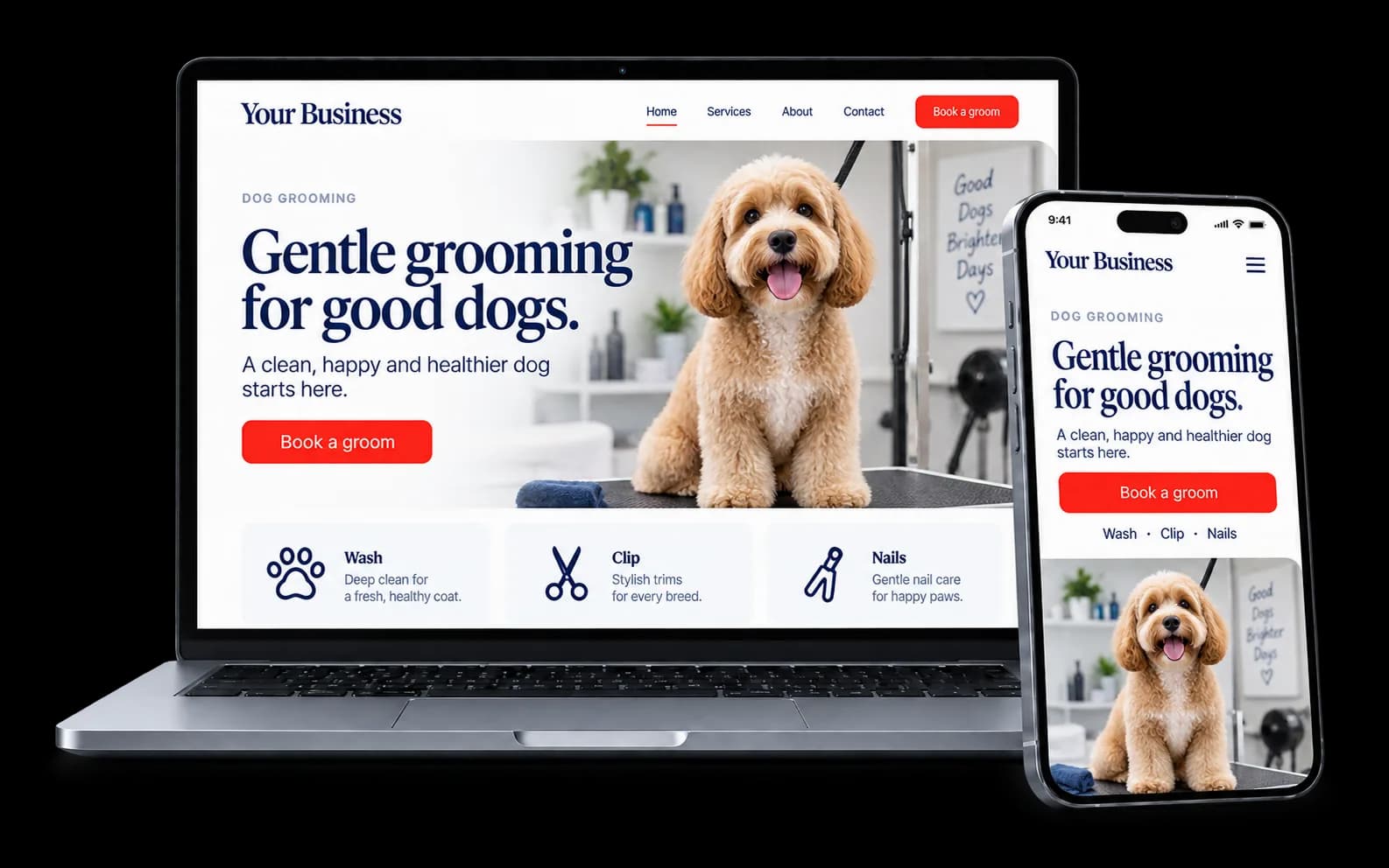 Dog grooming website shown on a laptop and phone, with a red Book a groom button and wash, clip and nail services