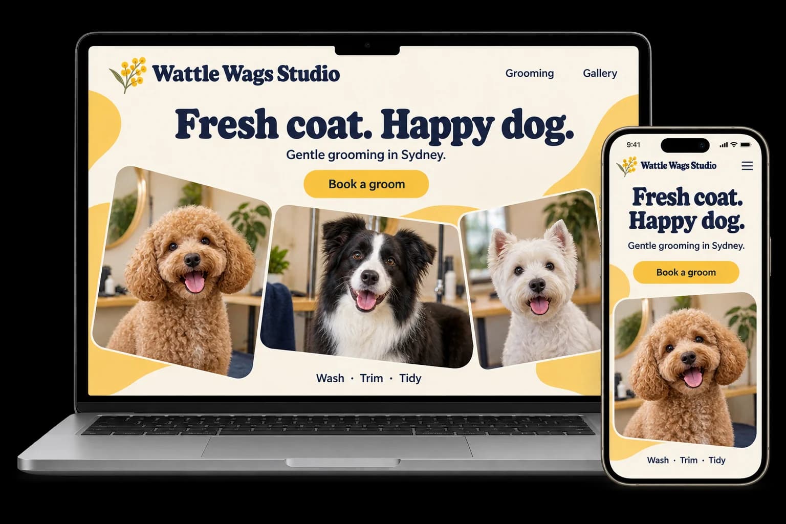Dog grooming website shown on a laptop and phone, with a red Book a groom button and wash, clip and nail services
