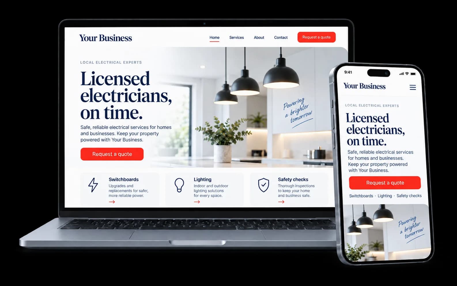 Electrician website shown on a laptop and phone, with a Request a quote button and switchboard, lighting and safety check services