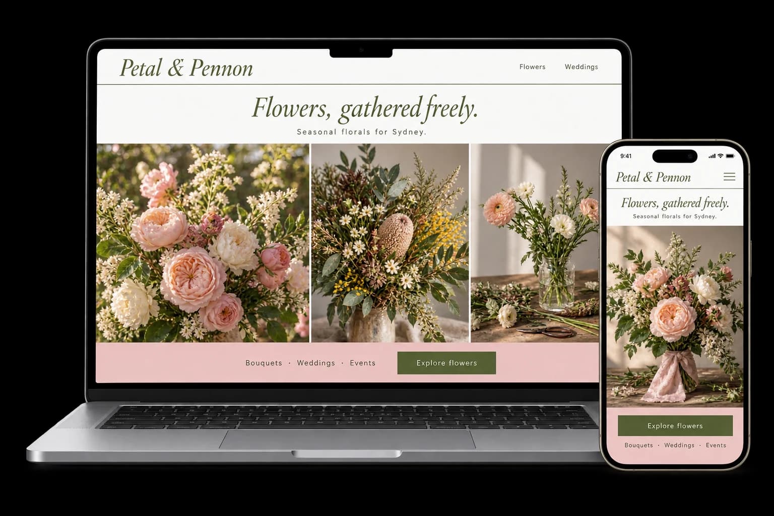 Florist website shown on a laptop and phone, with a red Order flowers button and bouquets, weddings and sympathy arrangements