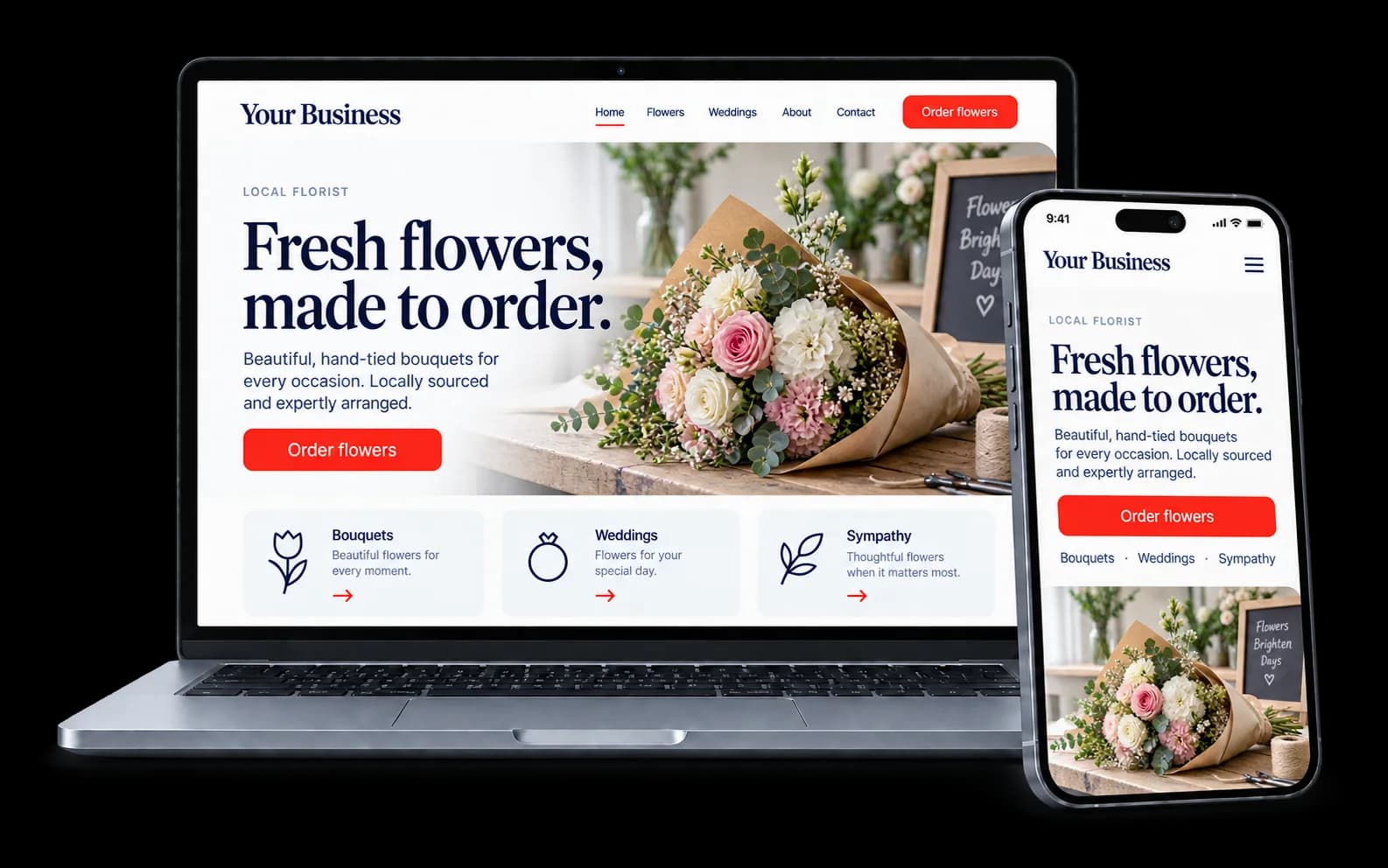 Florist website shown on a laptop and phone, with a red Order flowers button and bouquets, weddings and sympathy arrangements