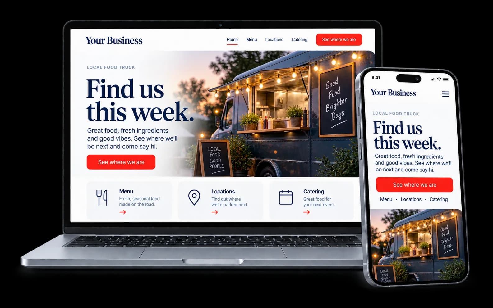 Food truck website shown on a laptop and phone, with a red See where we are button and menu, locations and catering links