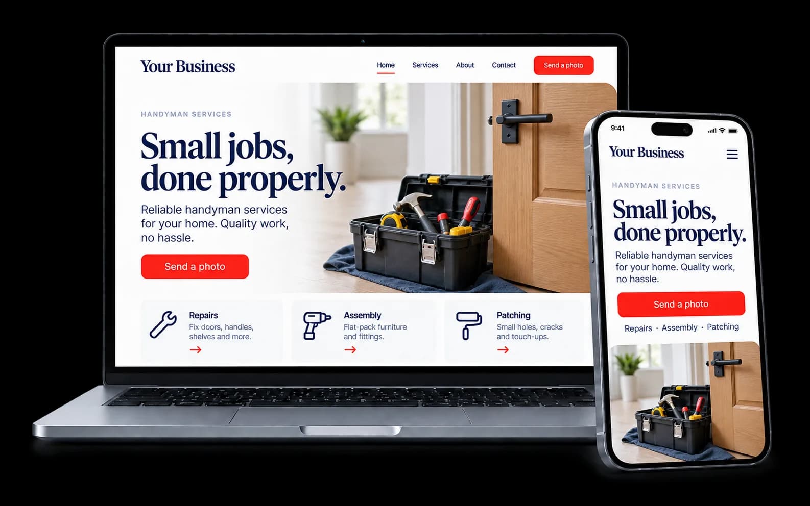 Handyman website shown on a laptop and phone, with a red Send a photo button and repairs, assembly and patching services