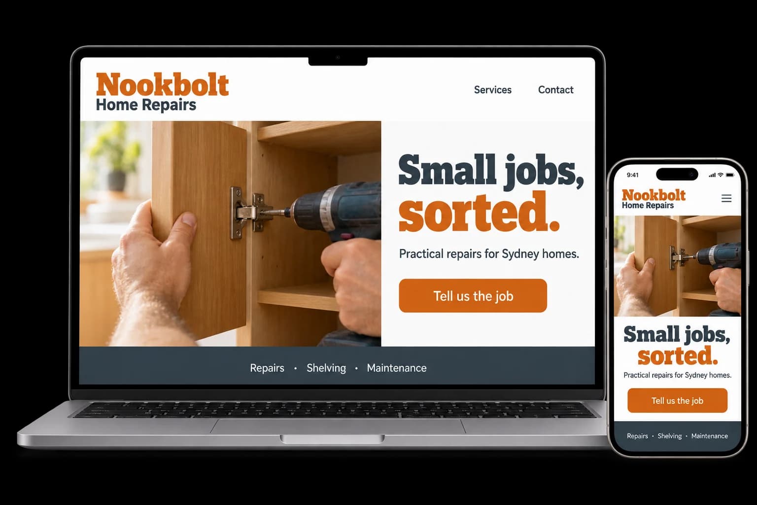 Handyman website shown on a laptop and phone, with a red Send a photo button and repairs, assembly and patching services