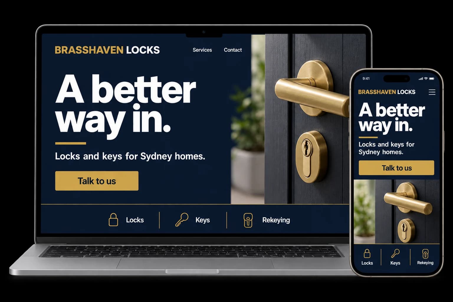 Locksmith website shown on a laptop and phone, with a red Call now button and lockouts, rekeying and security services