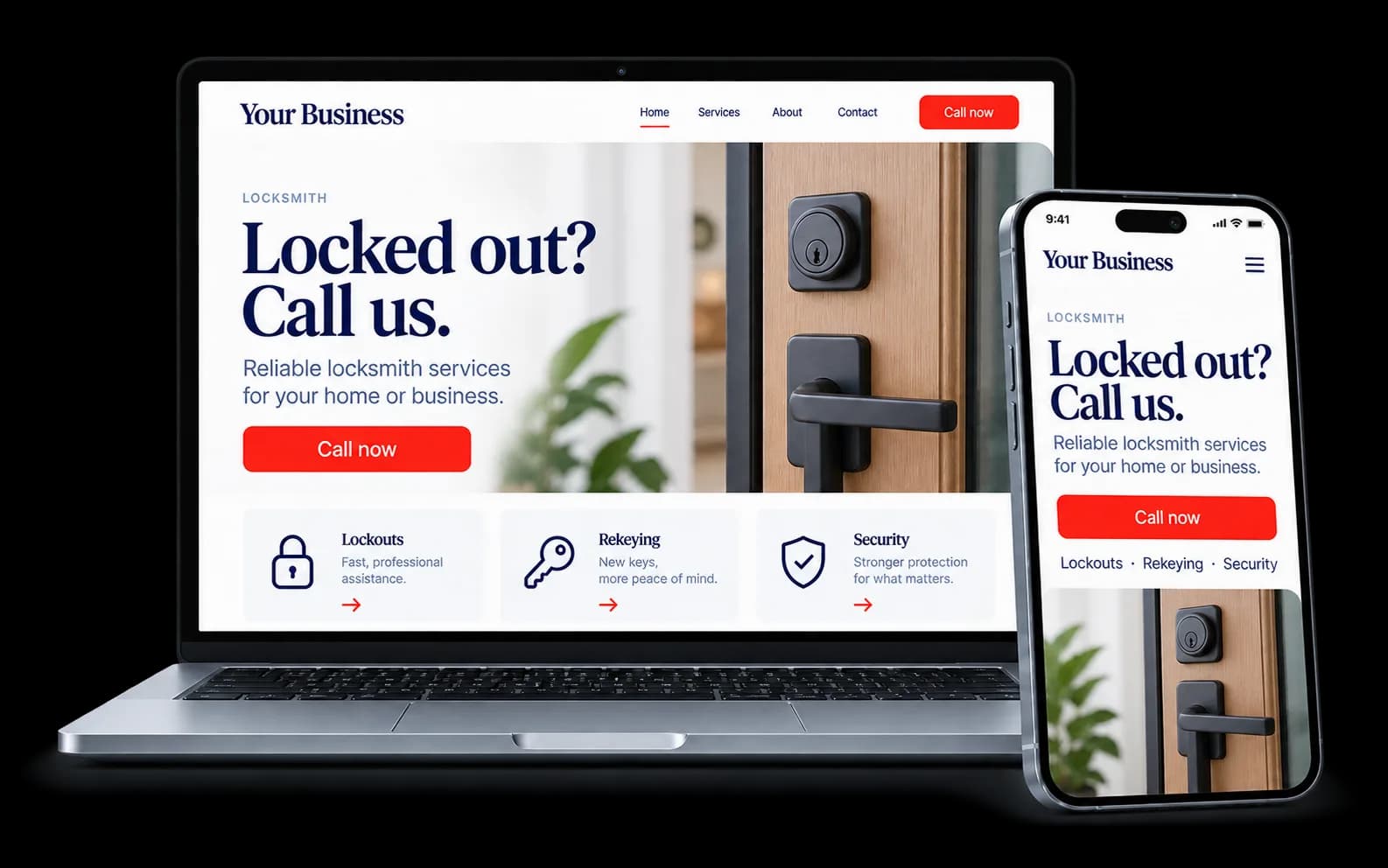 Locksmith website shown on a laptop and phone, with a red Call now button and lockouts, rekeying and security services