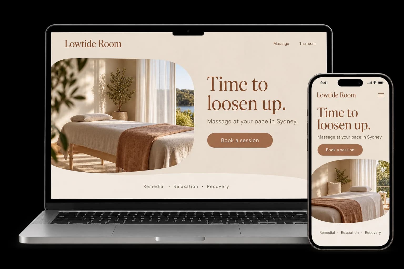 Massage clinic website shown on a laptop and phone, with a red Book a massage button and remedial, relaxation and pregnancy treatments