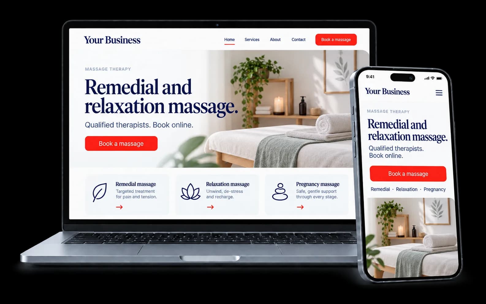 Massage clinic website shown on a laptop and phone, with a red Book a massage button and remedial, relaxation and pregnancy treatments