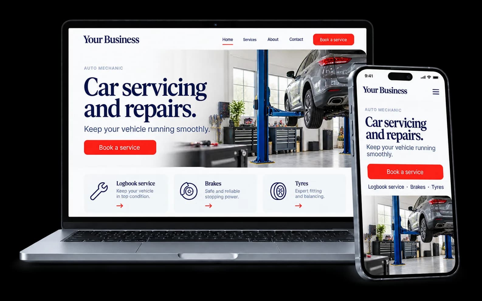 Mechanic workshop website shown on a laptop and phone, with a red Book a service button and logbook service, brakes and tyres