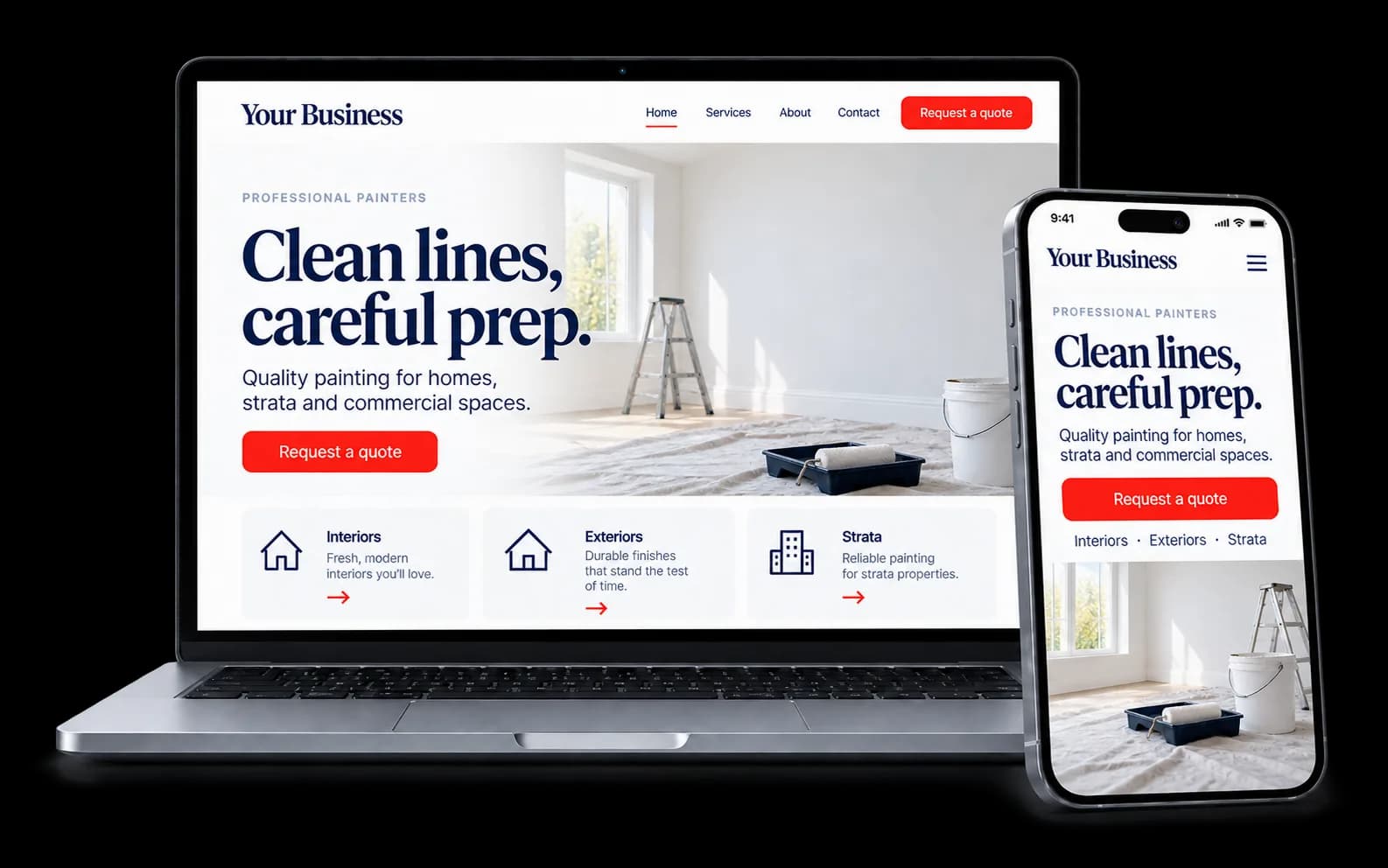 Painting business website shown on a laptop and phone, with a red Request a quote button and interior, exterior and strata services