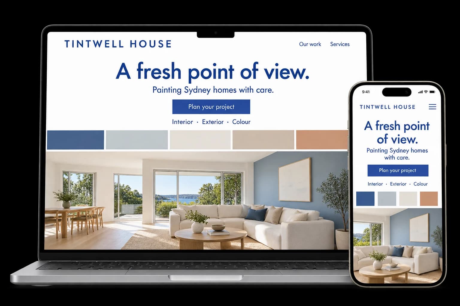 Painting business website shown on a laptop and phone, with a red Request a quote button and interior, exterior and strata services