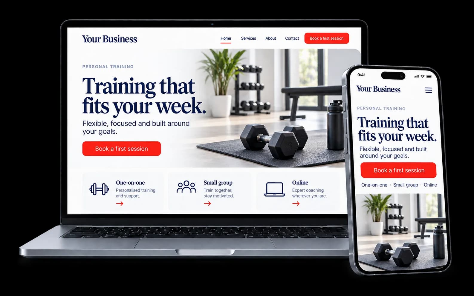 Personal trainer website shown on a laptop and phone, with a red Book a first session button and one-on-one, small group and online coaching