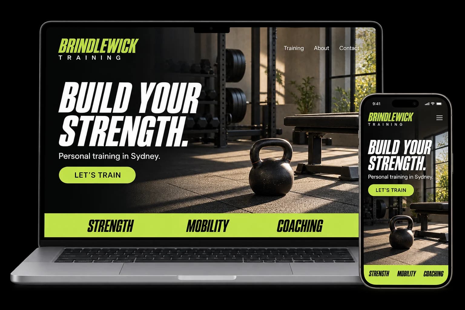 Personal trainer website shown on a laptop and phone, with a red Book a first session button and one-on-one, small group and online coaching